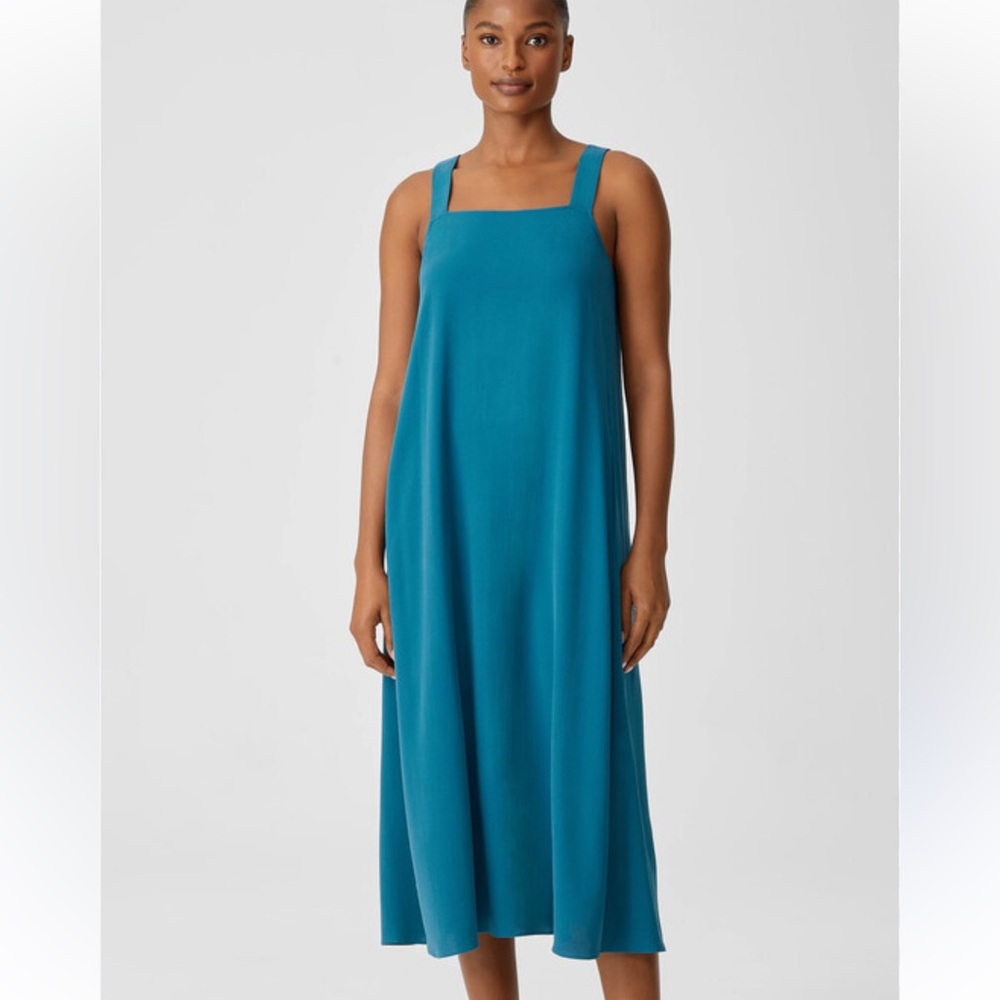 Eileen Fisher Square Neck 100% Silk Georgette Midi Dress Atlantic Blue Teal‎ SP
